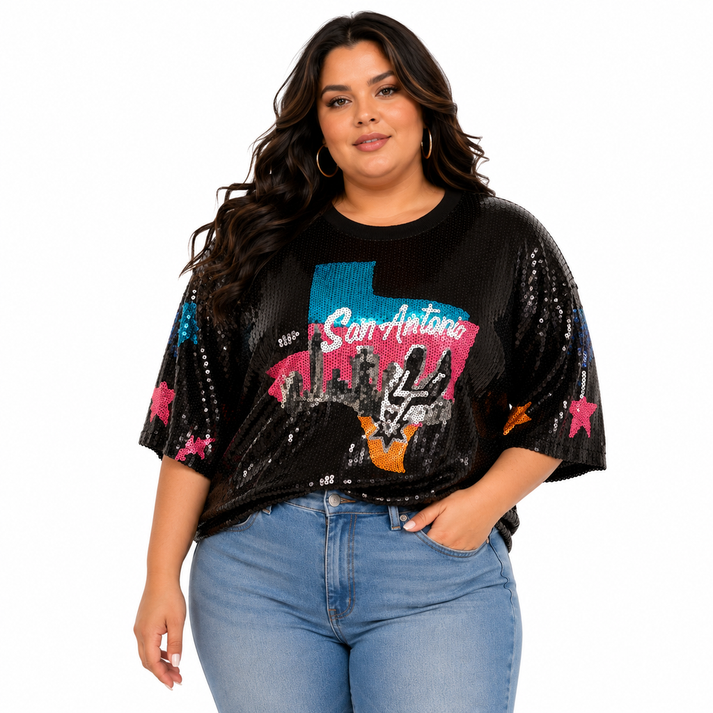 Spurs Texas Sequin Crop Shirt Black