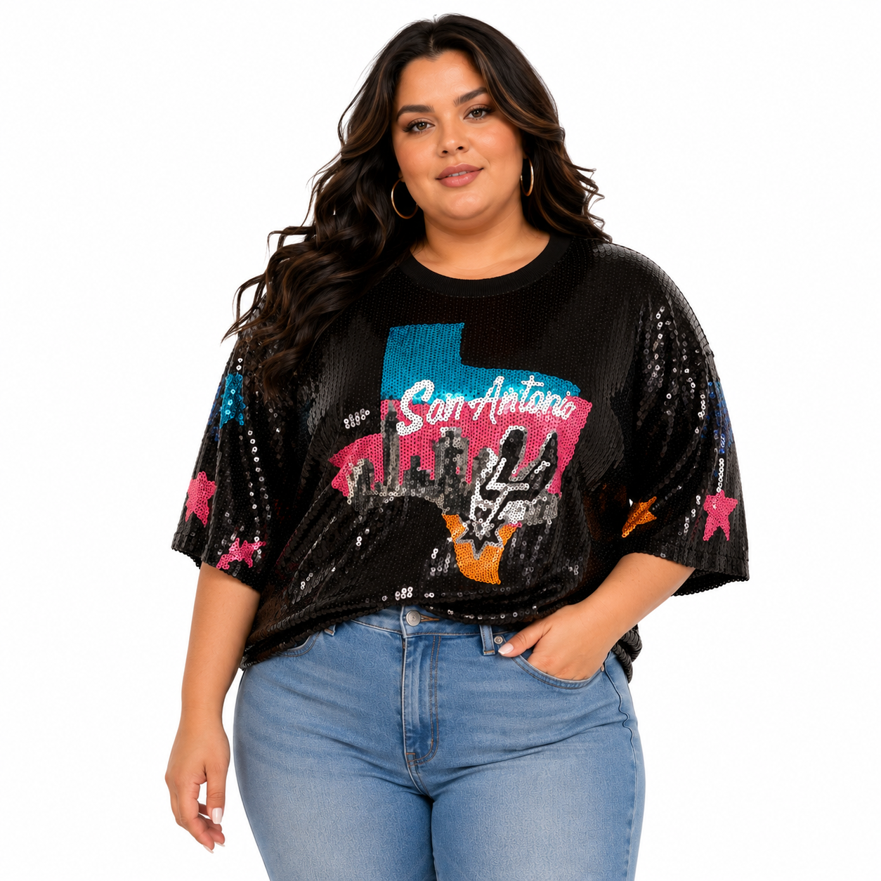 Spurs Texas Sequin Crop Shirt Black