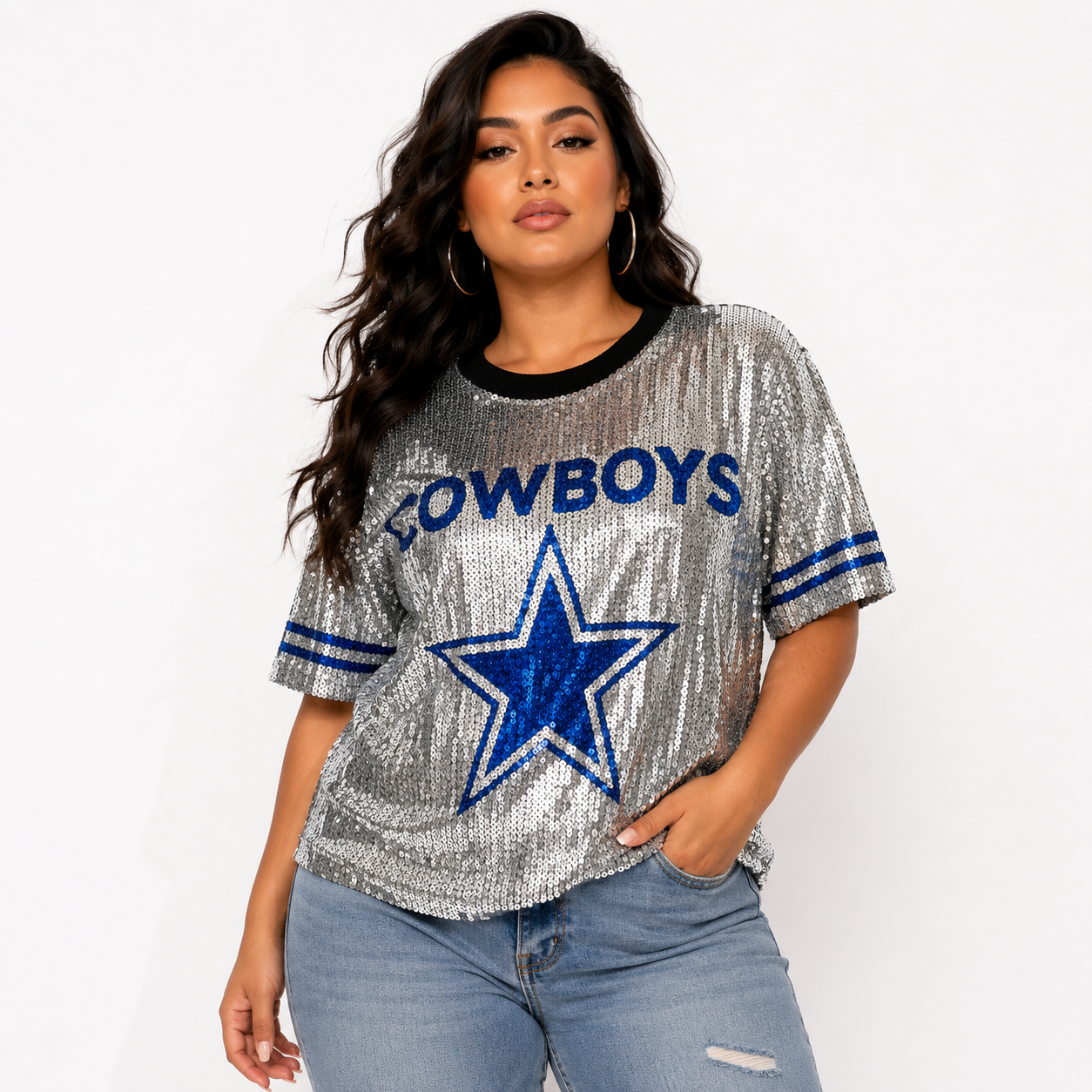 Dallas Cowboys Silver Sequin Crop Shirt