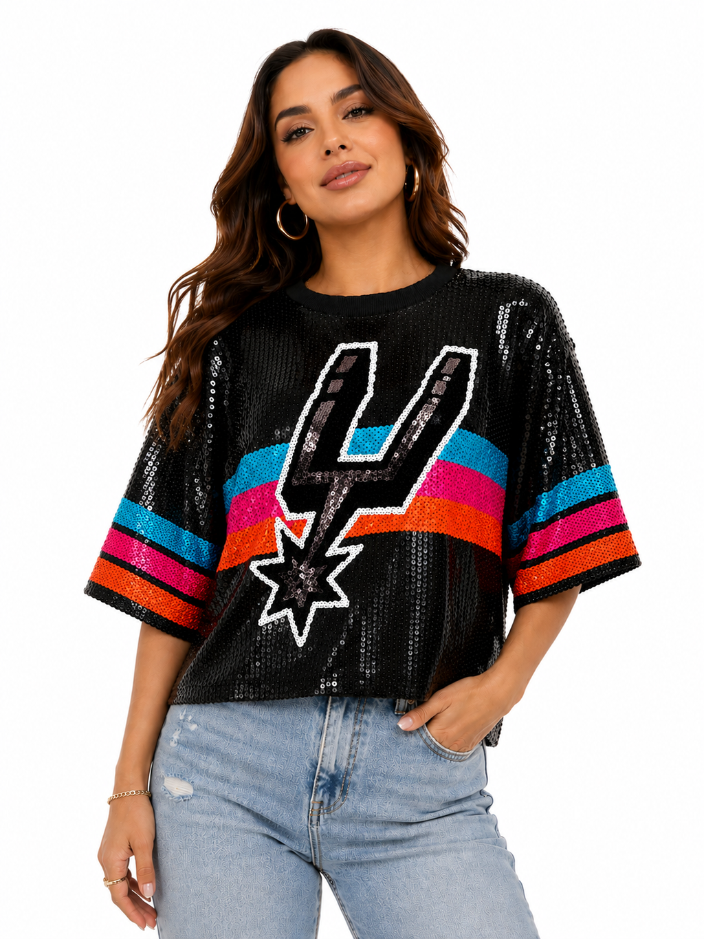 Spurs Logo Sequin Crop Shirt Black