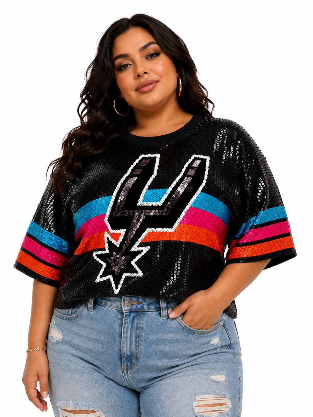 Spurs Logo Sequin Crop Shirt Black