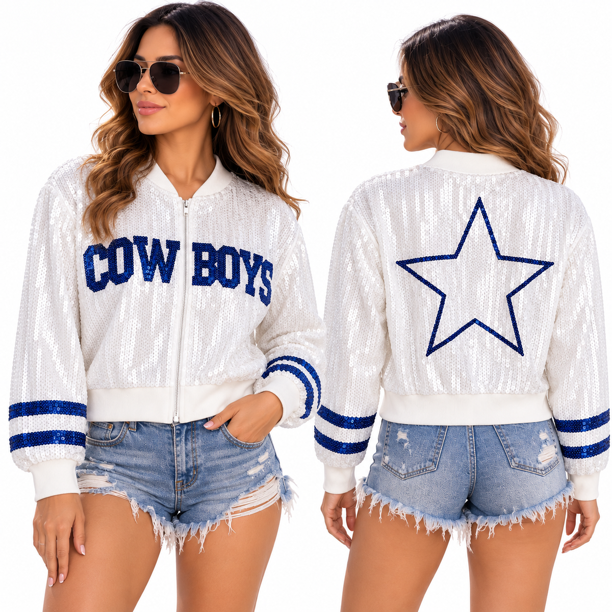 Cowboys-Inspired Sequin Bomber Jacket – White & Blue