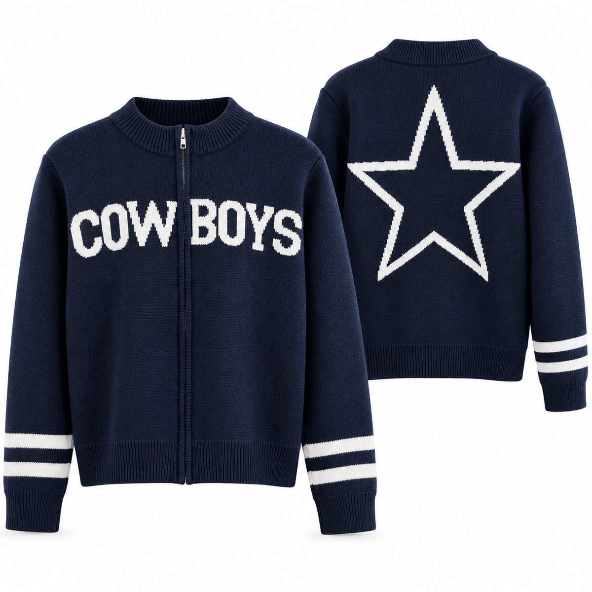 Dallas Cowboys-Inspired Navy Knit Zip-Up Sweater