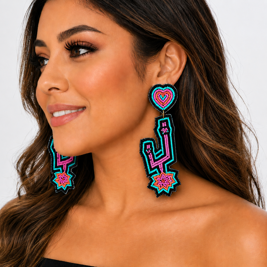 Handmade Beaded Heart Spurs Statement Earrings