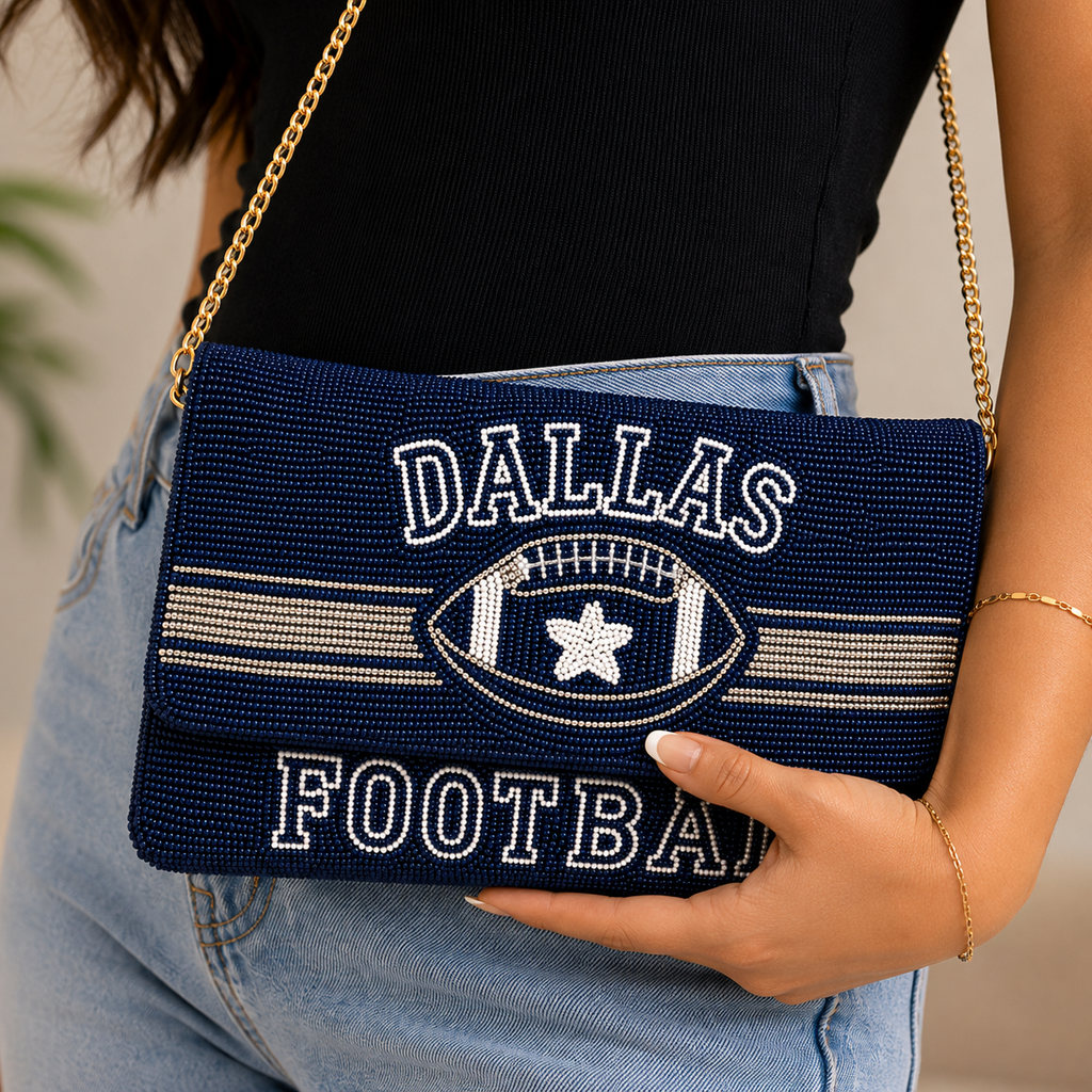 Dallas Football Beaded Crossbody Clutch – Navy & Gold