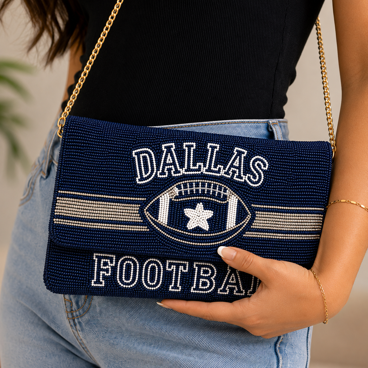 Dallas Football Beaded Crossbody Clutch – Navy & Gold