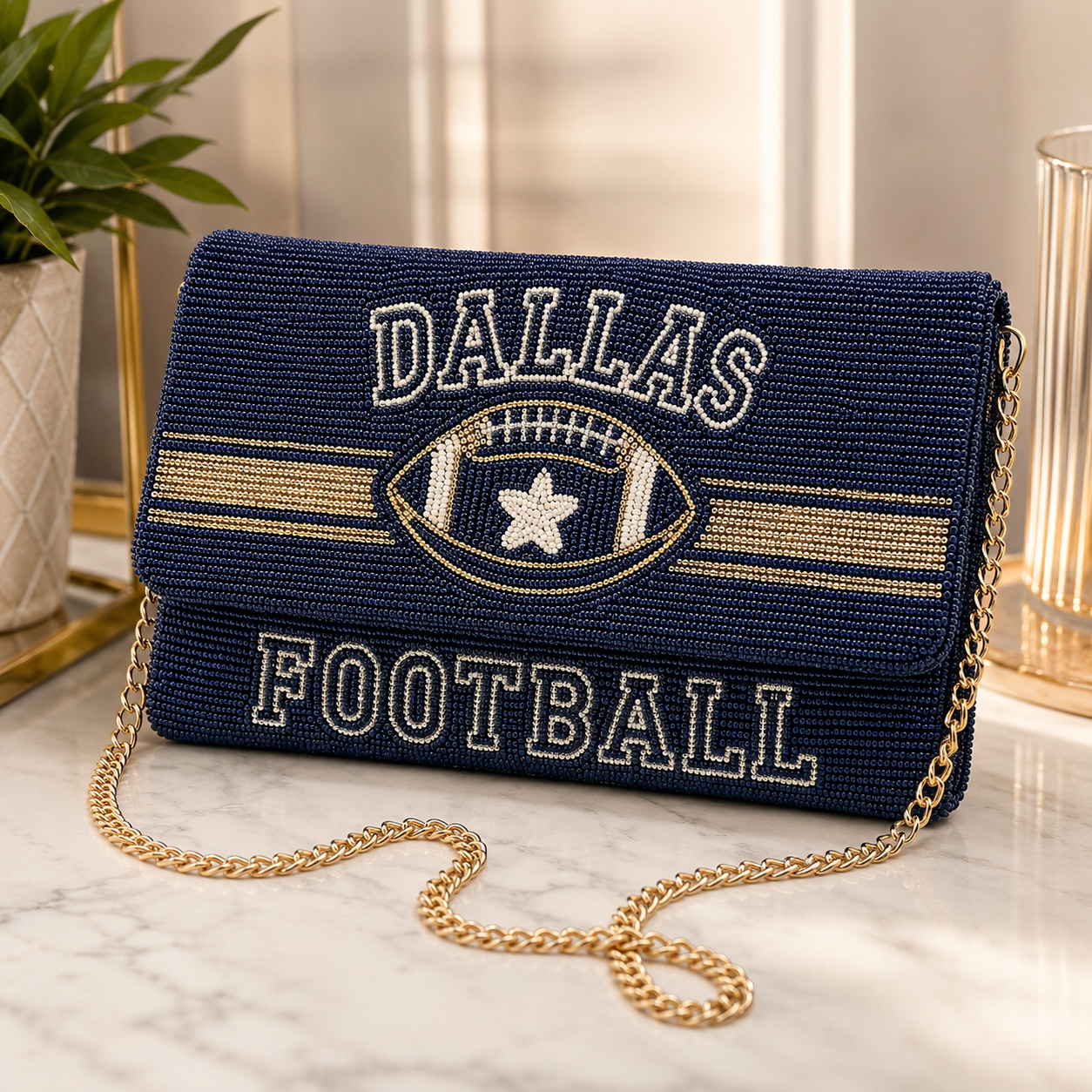Dallas Football Beaded Crossbody Clutch – Navy & Gold
