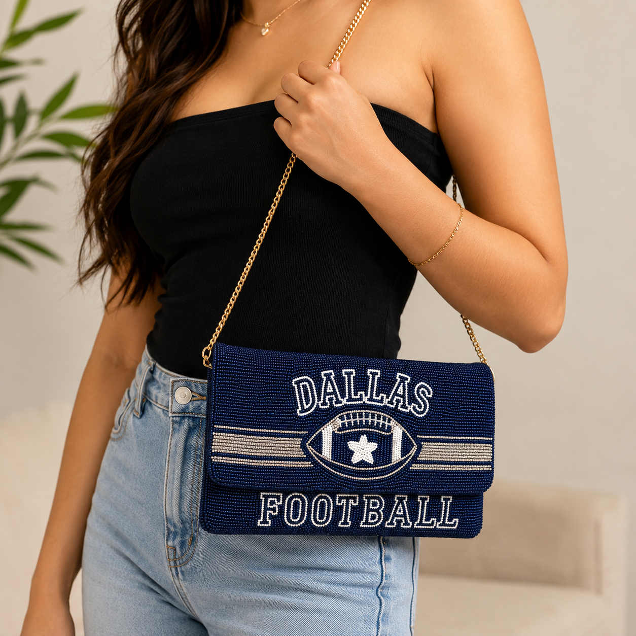 Dallas Football Beaded Crossbody Clutch – Navy & Gold
