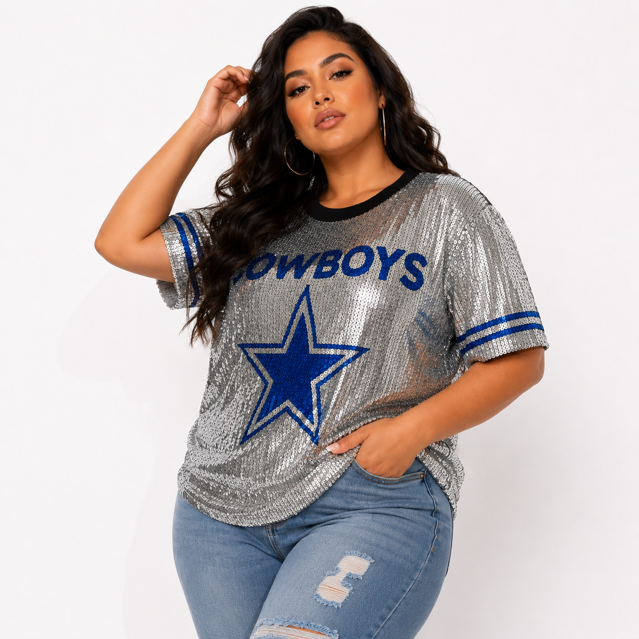 Dallas Cowboys Silver Sequin Crop Shirt