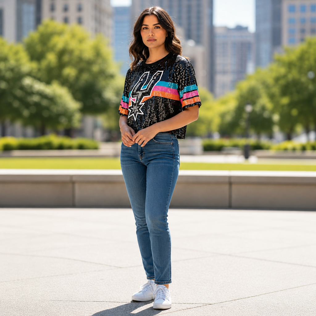 Spurs Logo Sequin Crop Shirt Black