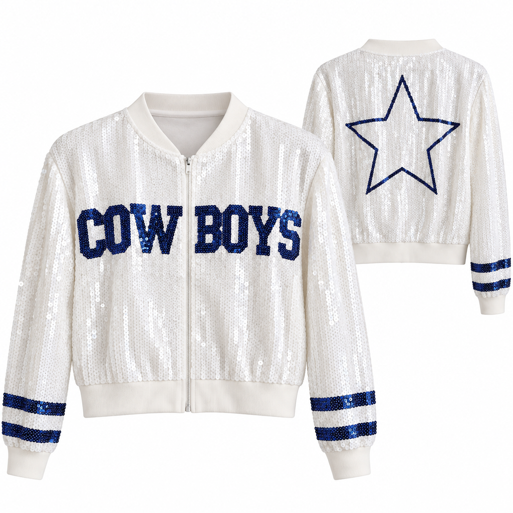 Cowboys-Inspired Sequin Bomber Jacket – White & Blue