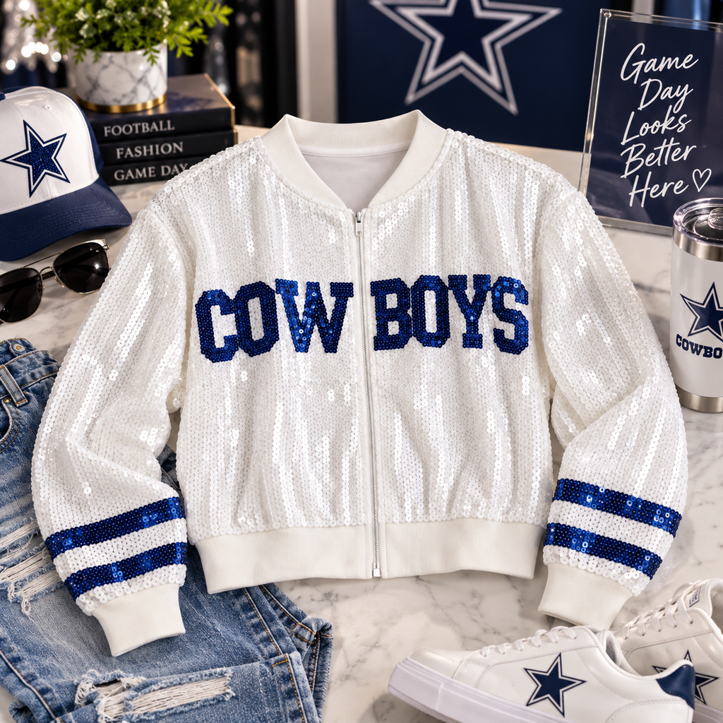 Cowboys-Inspired Sequin Bomber Jacket – White & Blue