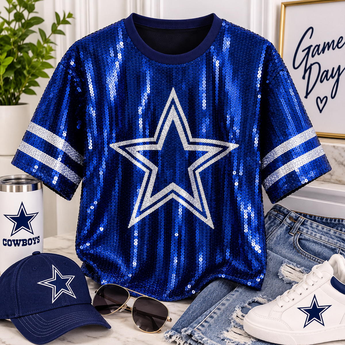 Dallas Cowboys-Blue Sequin Game Day Top