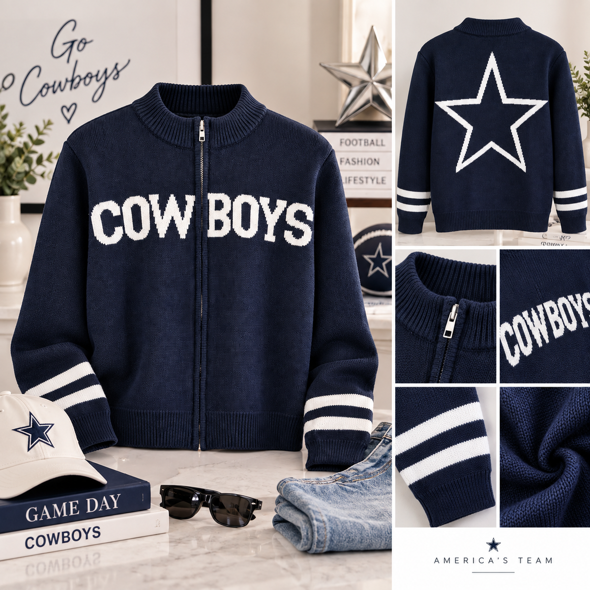 Dallas Cowboys-Inspired Navy Knit Zip-Up Sweater