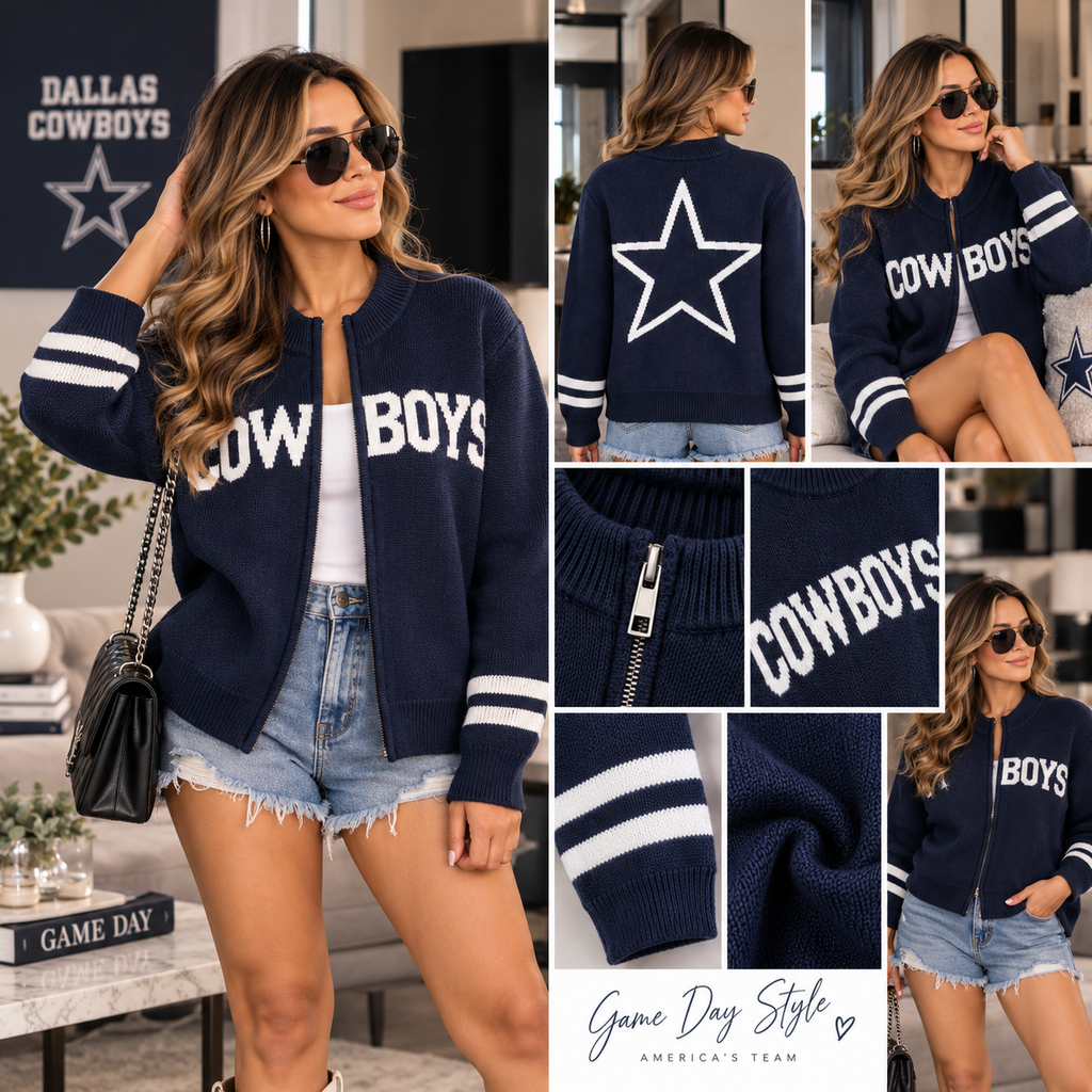 Dallas Cowboys-Inspired Navy Knit Zip-Up Sweater