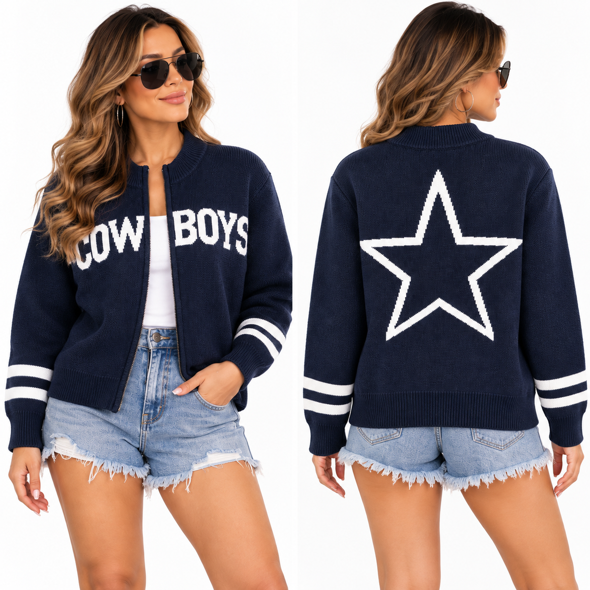 Dallas Cowboys-Inspired Navy Knit Zip-Up Sweater