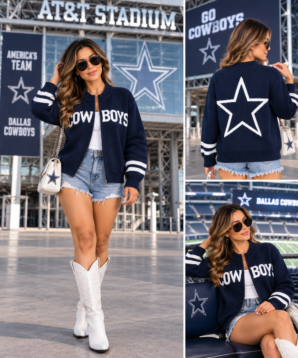 Dallas Cowboys-Inspired Navy Knit Zip-Up Sweater