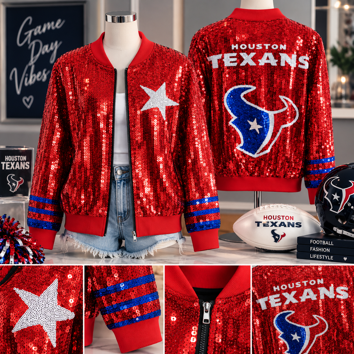Houston Texans Sequin Bomber Jacket – Red