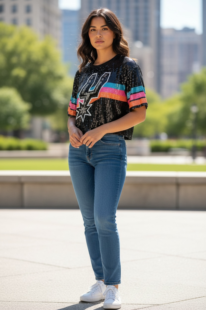 Spurs Logo Sequin Crop Shirt Black