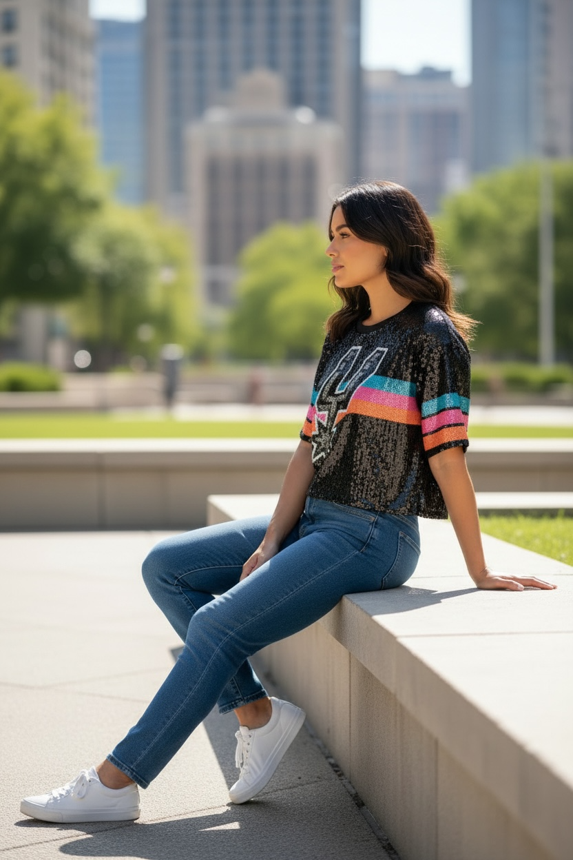 Spurs Logo Sequin Crop Shirt Black