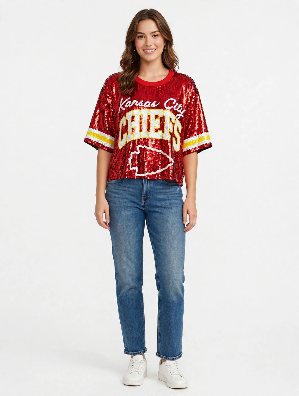 Model wearing red Chiefs sequin crop top - full body studio shot