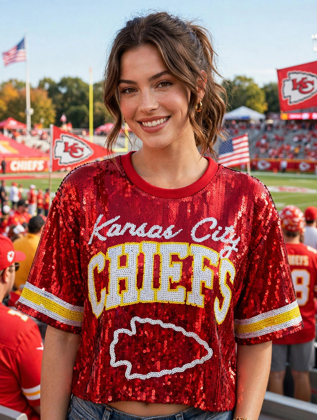 Model wearing red Chiefs sequin crop top at stadium