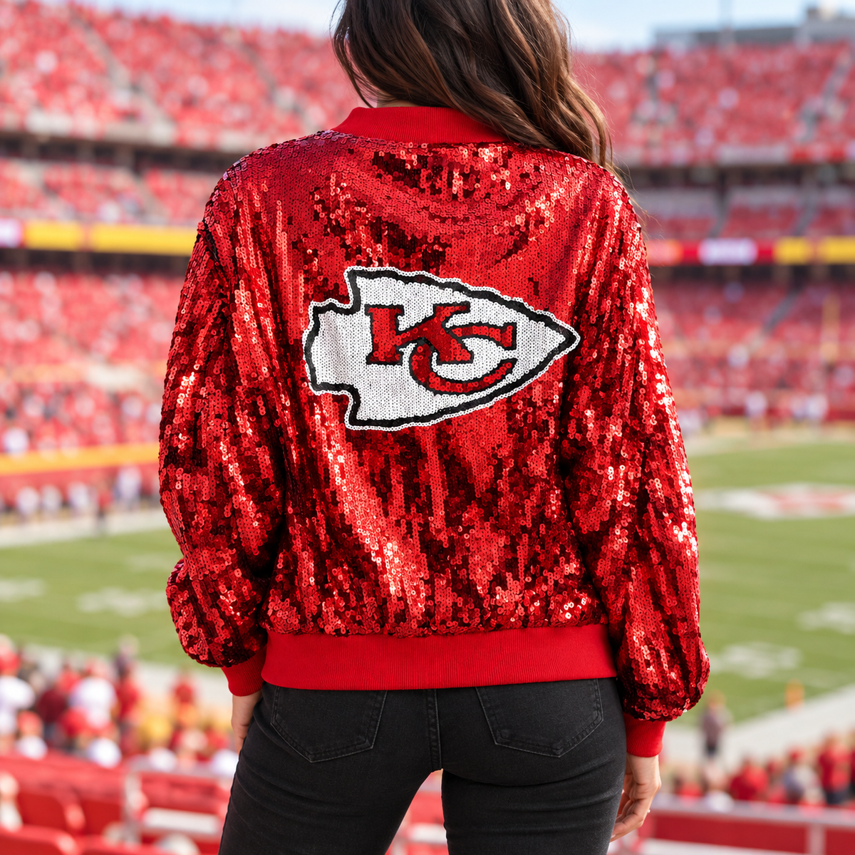 Red Chiefs sequin bomber jacket back model gameday