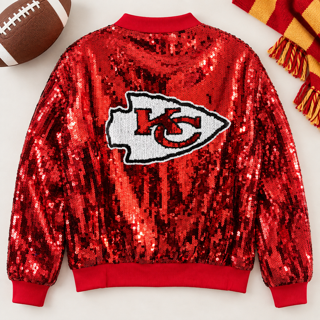 Red Chiefs sequin bomber jacket back staged