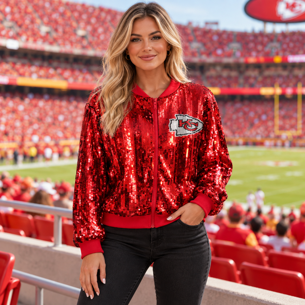 Red Chiefs sequin bomber jacket front model gameday