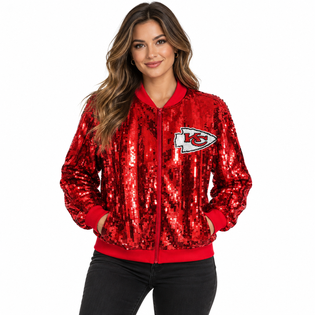 Red Chiefs sequin bomber jacket front model white