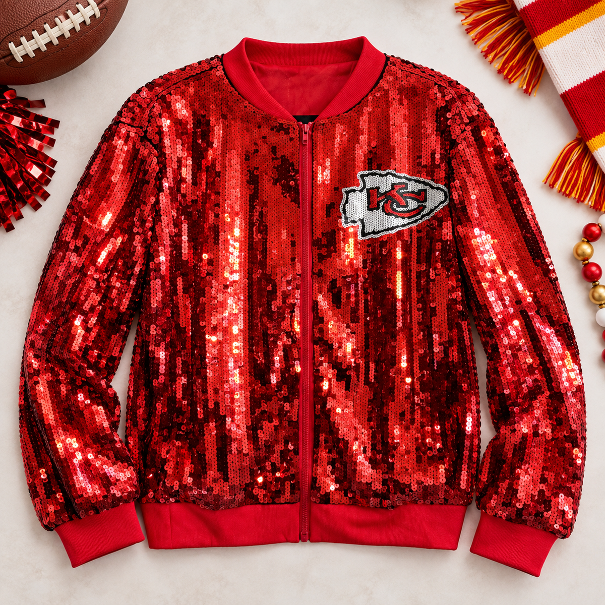 Red Chiefs sequin bomber jacket front staged