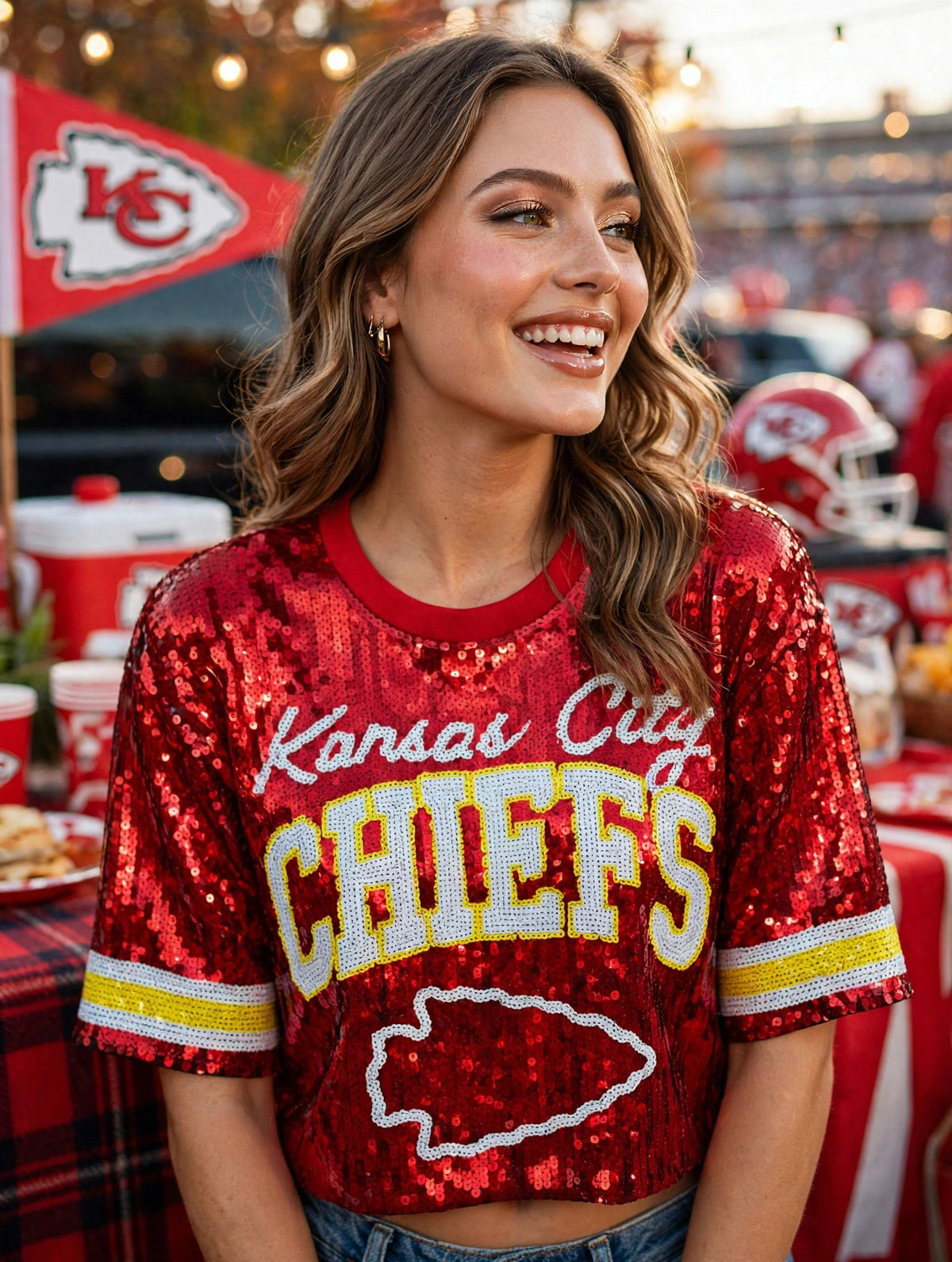 Model wearing red Chiefs sequin crop top at tailgate