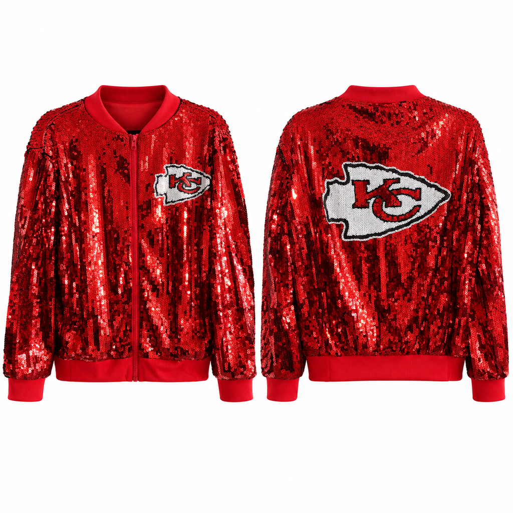 Red Chiefs sequin bomber jacket front and back views