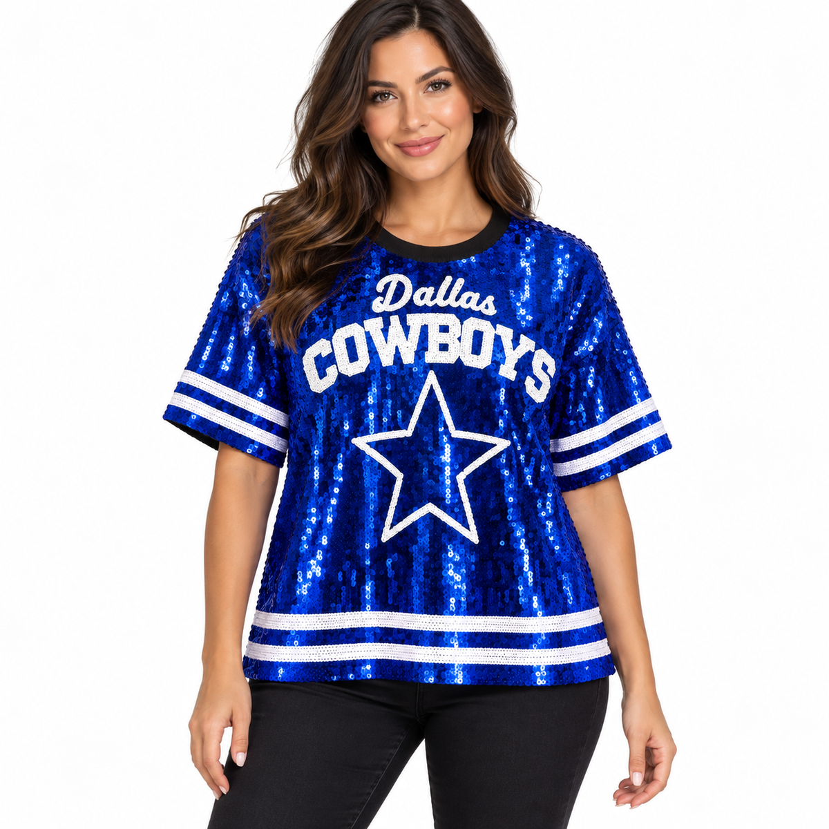 Dallas Cowboys blue sequin shirt model white
