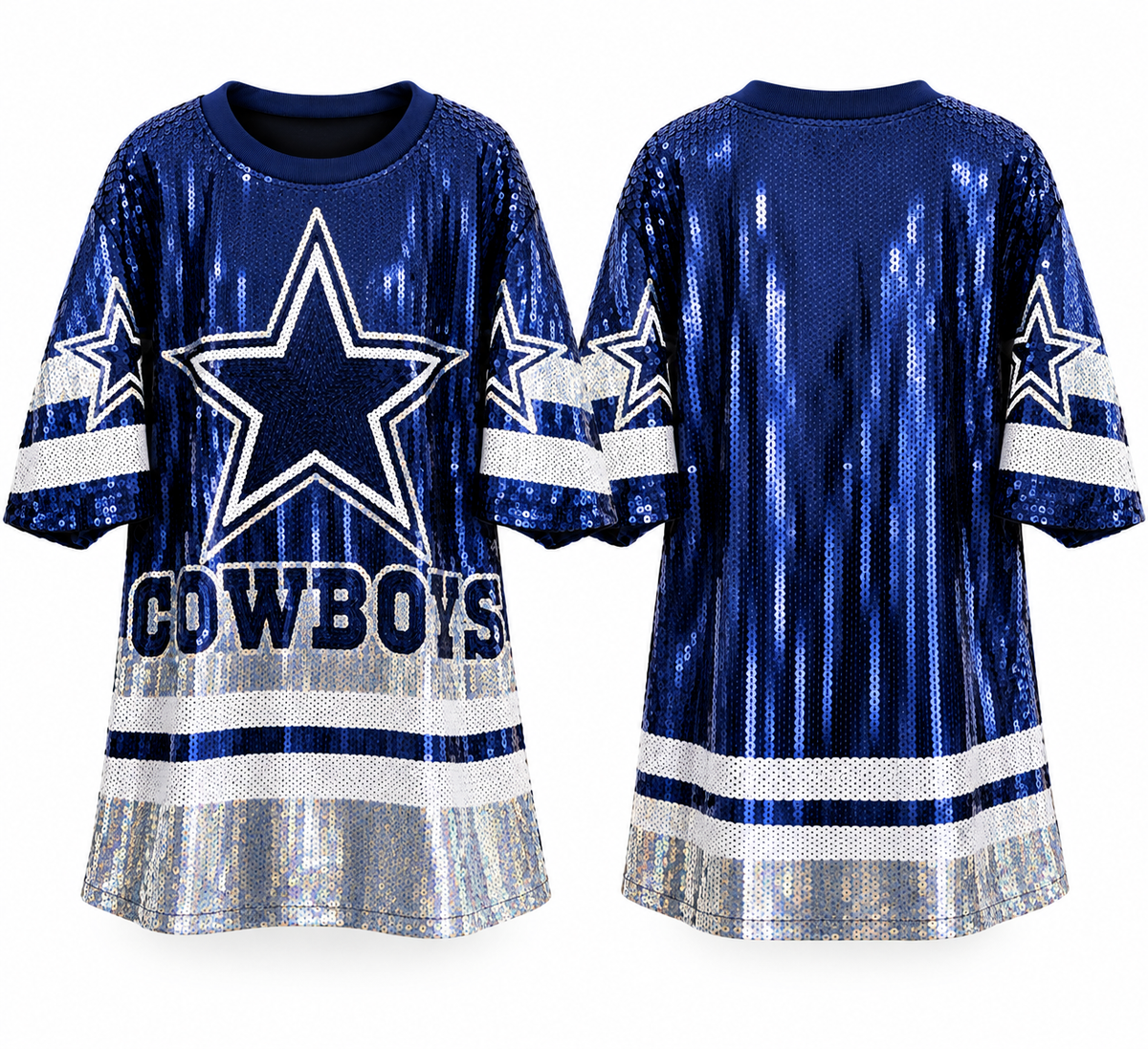 Front and back navy Dallas Cowboys sequin game day dress