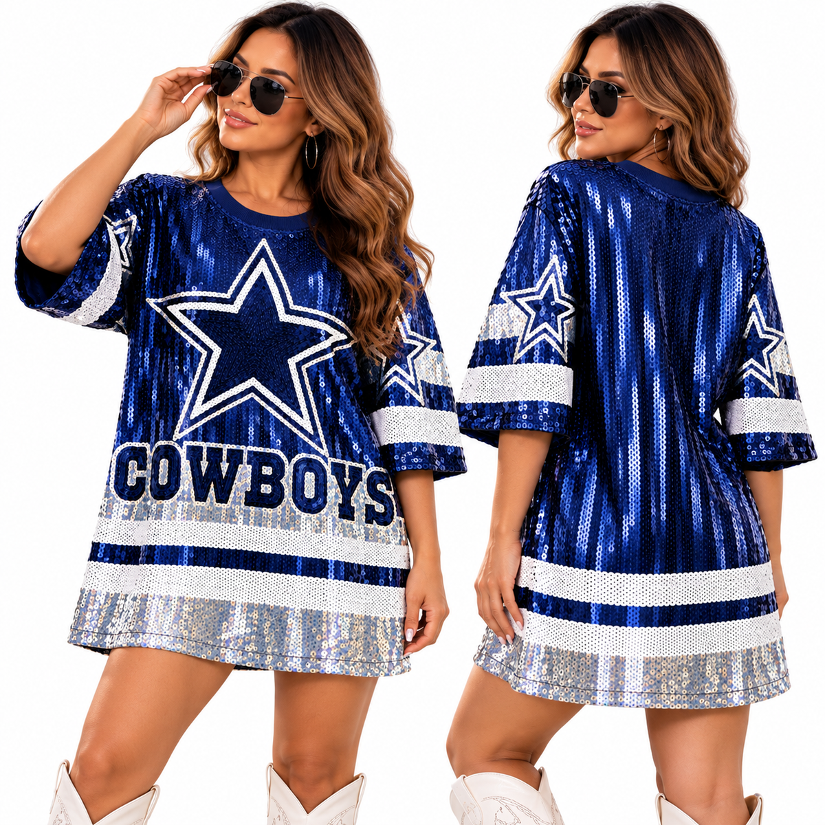 Dallas Cowboys sequin dress model front and back studio