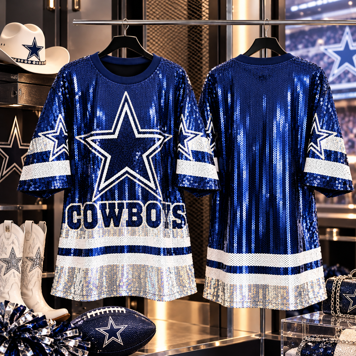 Staged navy Dallas Cowboys sequin game day dress