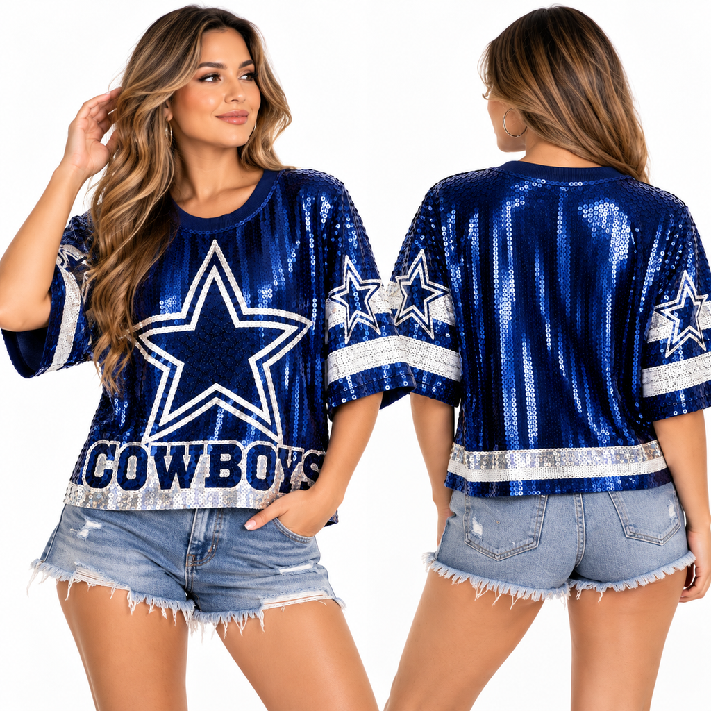 Dallas Cowboys sequin top modeled front and back white studio