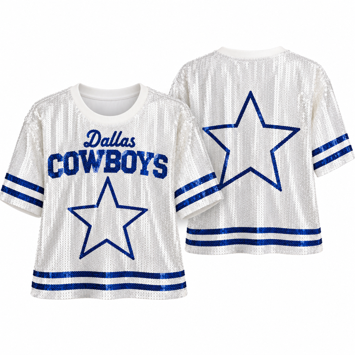 Front and back Dallas Cowboys white sequin top on white