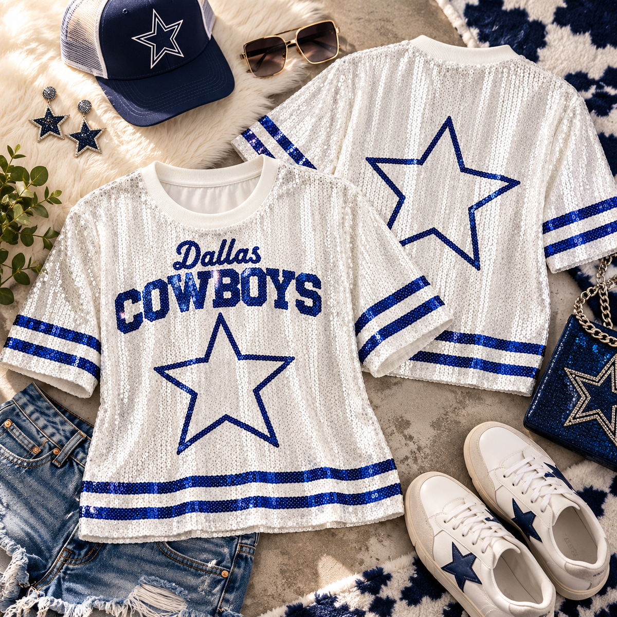 Dallas Cowboys sequin top styled flat lay