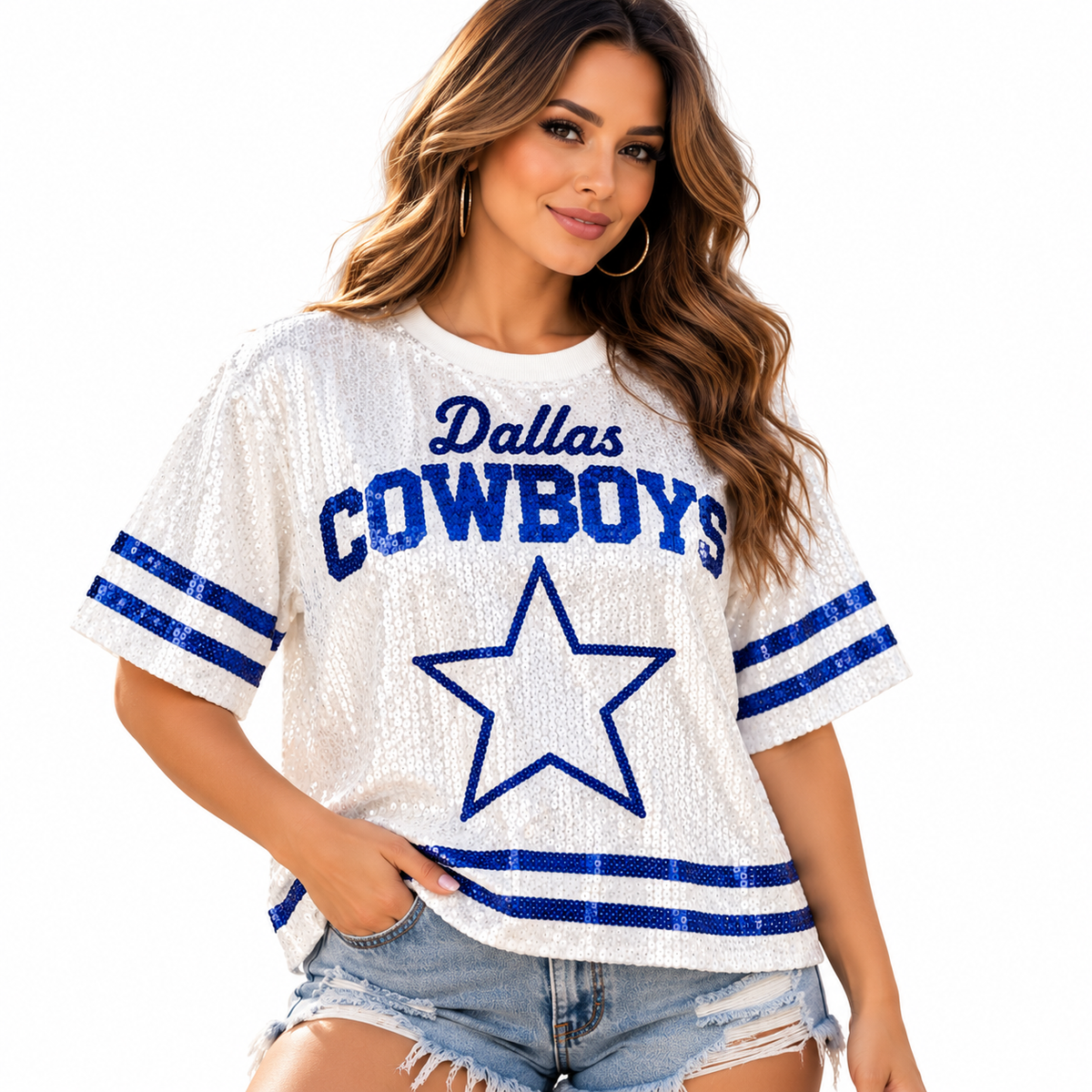 Dallas Cowboys white sequin top on model in white studio