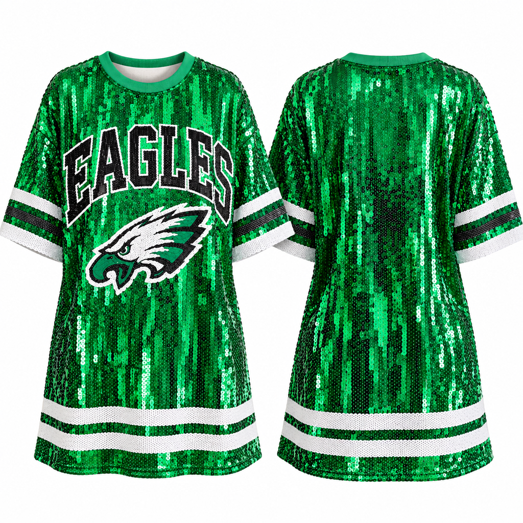Front and back of green Philadelphia Eagles sequin jersey dress on white background