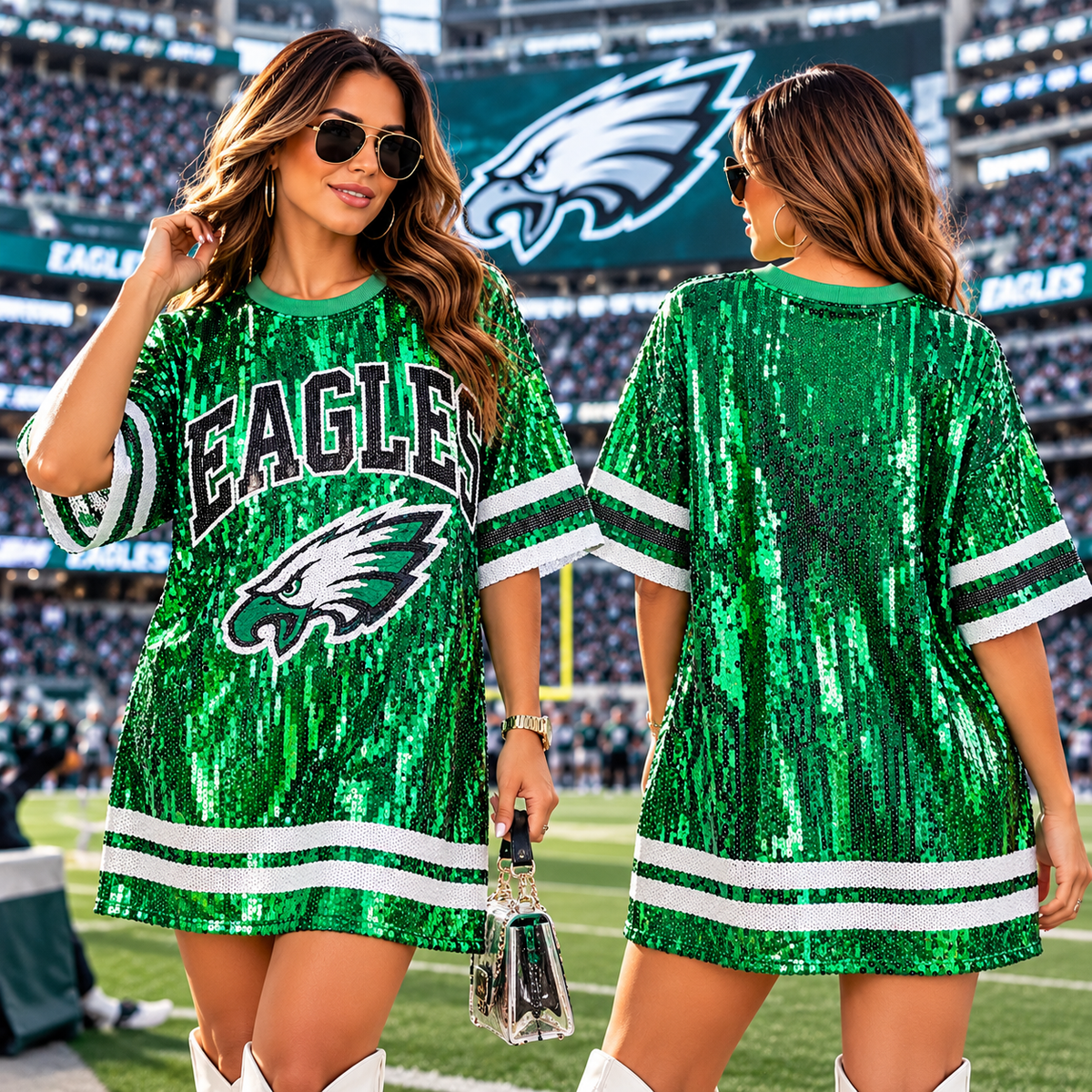 Model wearing Eagles green sequin dress at stadium front and back