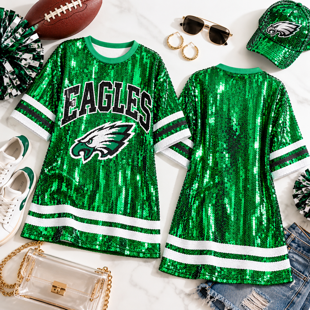 Styled game day flat lay featuring green Eagles sequin dress