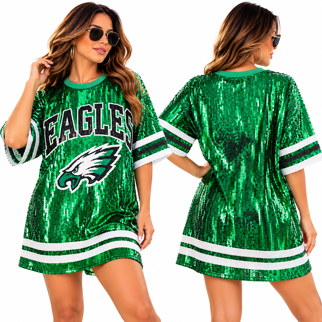 Model wearing Eagles green sequin dress front and back in white studio