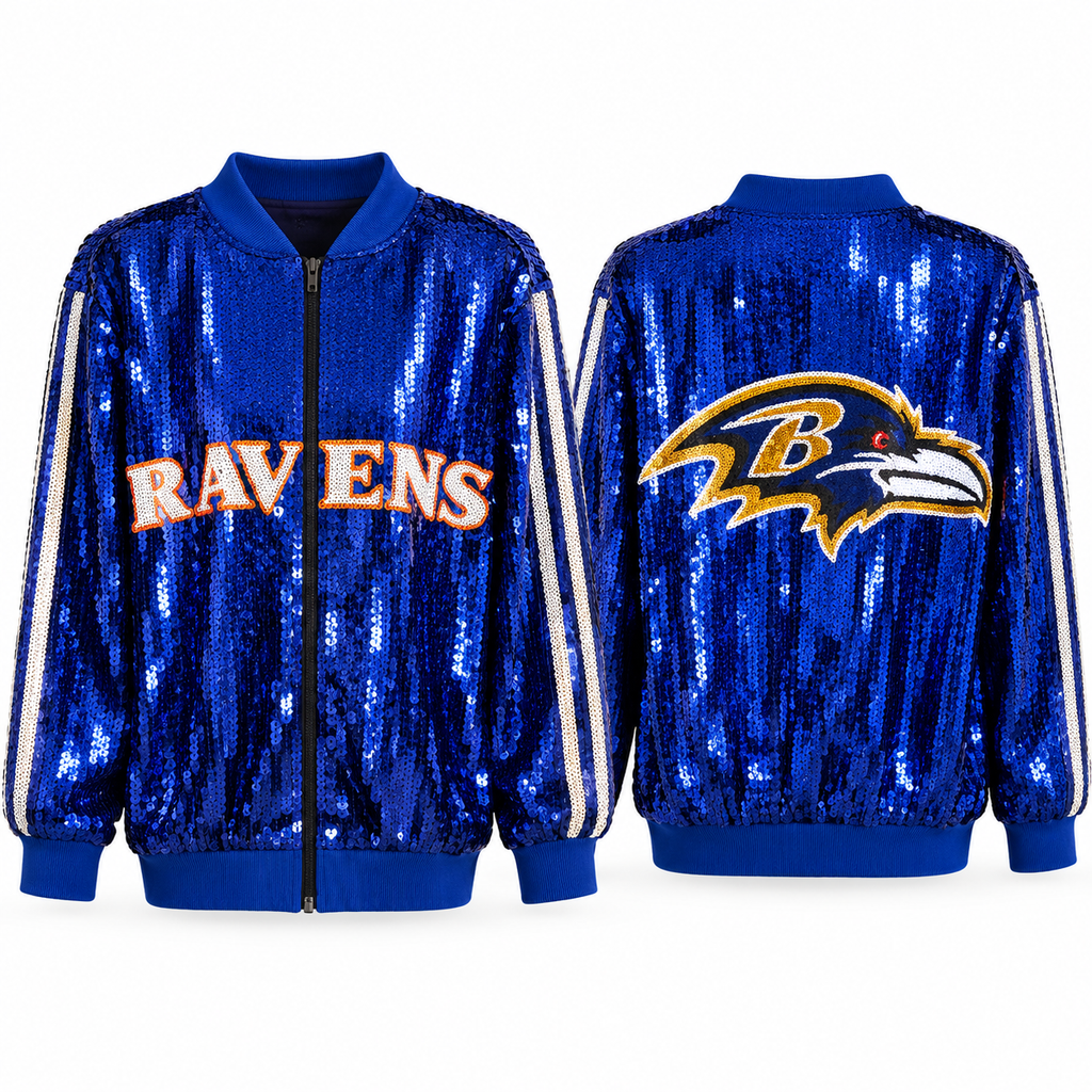 Front and back blue Baltimore Ravens sequin zip bomber jacket on white background