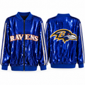 Front and back blue Baltimore Ravens sequin zip bomber jacket on white background