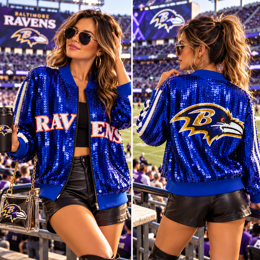Front and back of Ravens blue sequin bomber jacket on model in stadium