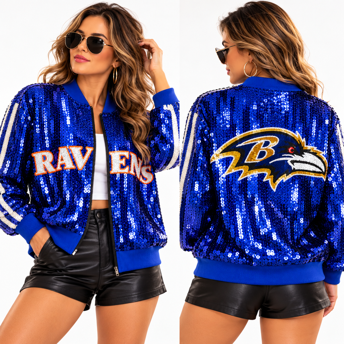 Front and back of Ravens blue sequin bomber jacket on model white background