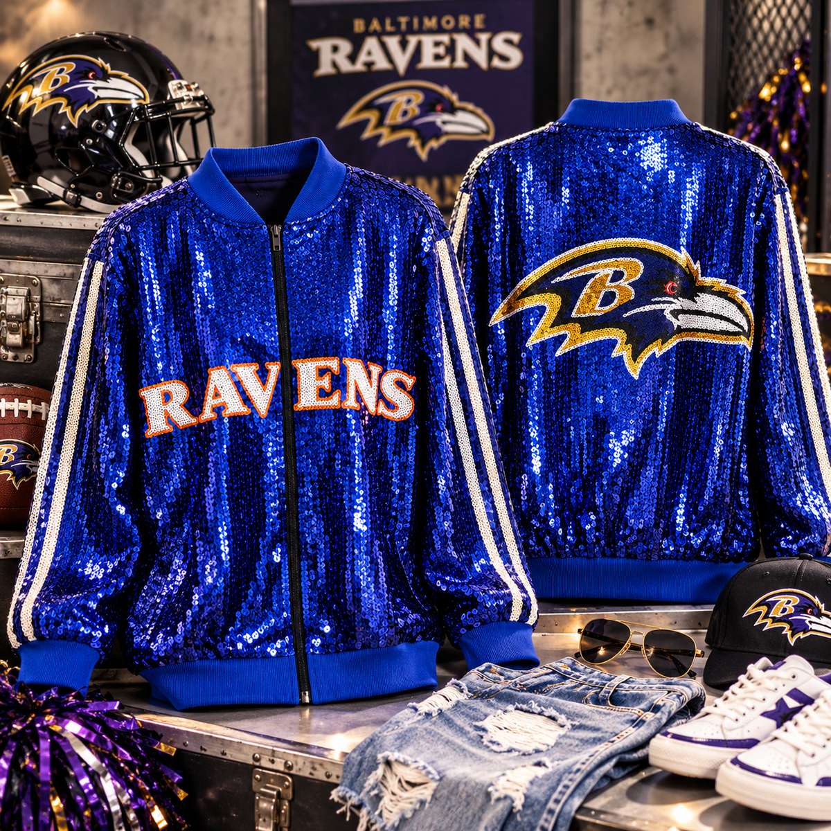 Staged Ravens sequin bomber jacket with game-day accessories